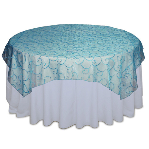 Aqua Sequin Organza Swirl Table Overlay