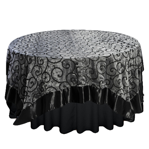Black Flocked Swirl with Satin Trim Overlay Rental